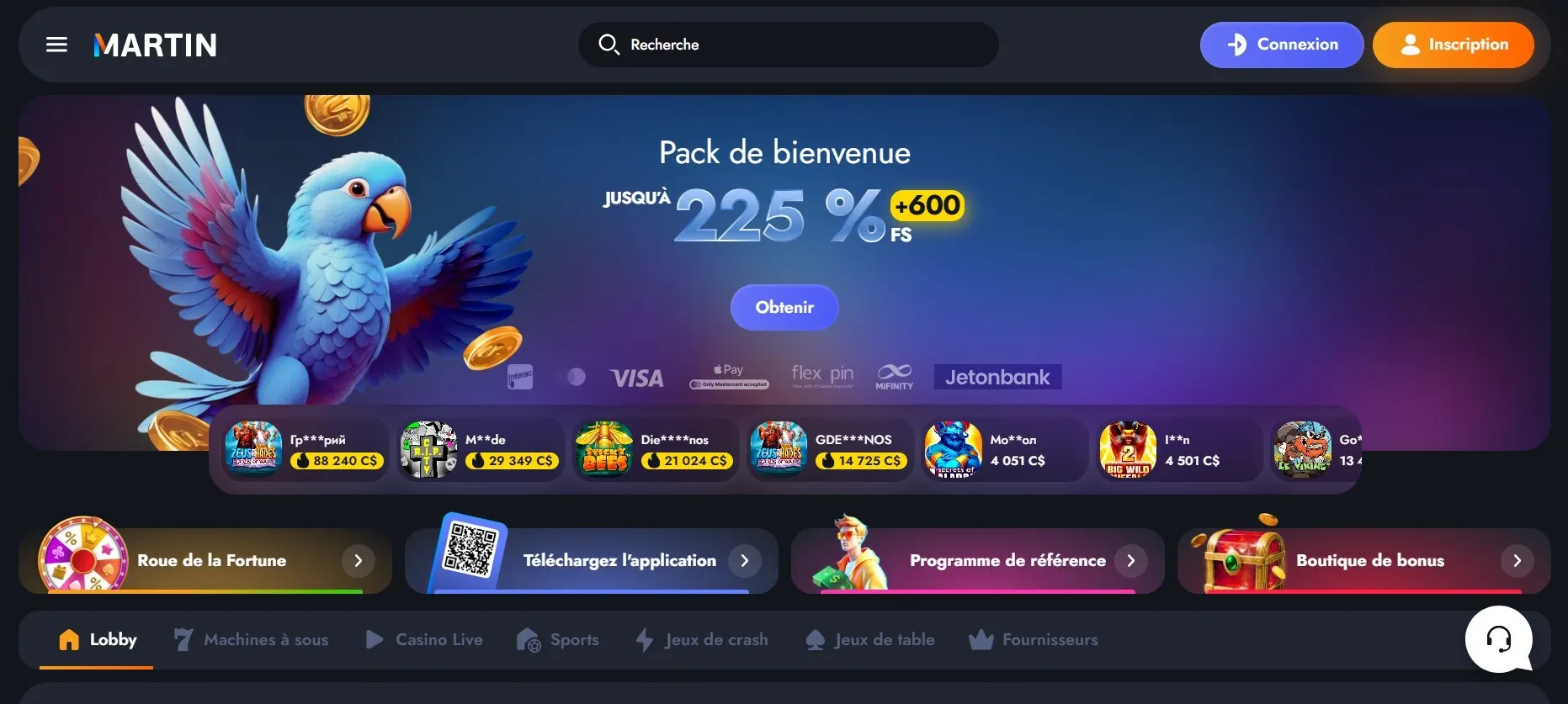  Accueil de Martin Casino avec l’offre de bienvenue et les catégories de jeux. 