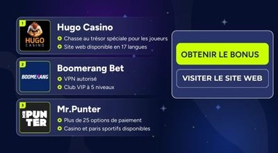 Liste de casinos avec boutons bonus et site web.