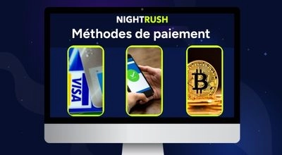 Écran affichant les moyens de paiement de Nightrush, avec des icônes représentant Visa, un paiement mobile et le Bitcoin.
