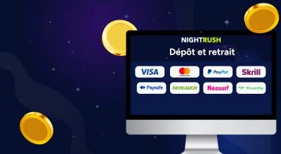 Méthodes de dépôt et retrait NightRush incluant Visa, Mastercard, PayPal, Skrill et Neteller.