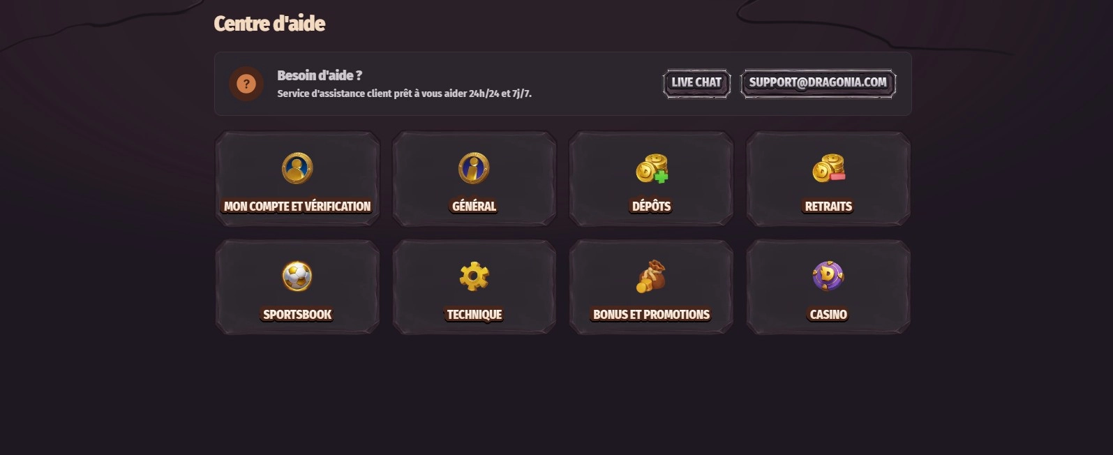 Page du service client de Dragonia