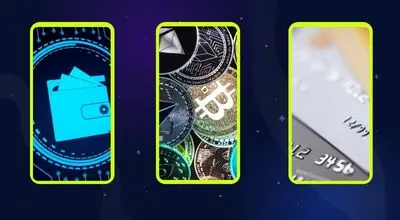 Icônes de portefeuille numérique, cryptomonnaies et carte bancaire.