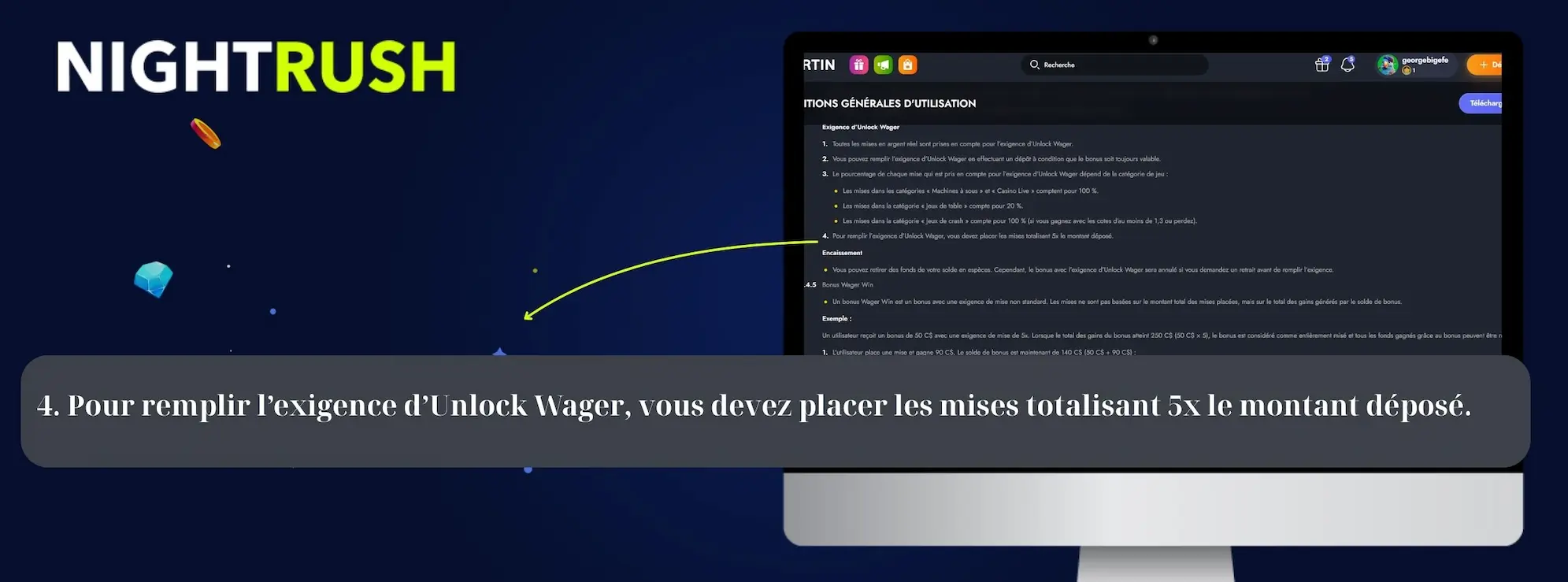 Capture d'écran des conditions indiquant l'exigence de mise 5x sur le dépôt pour débloquer un bonus sur Martin Casino.