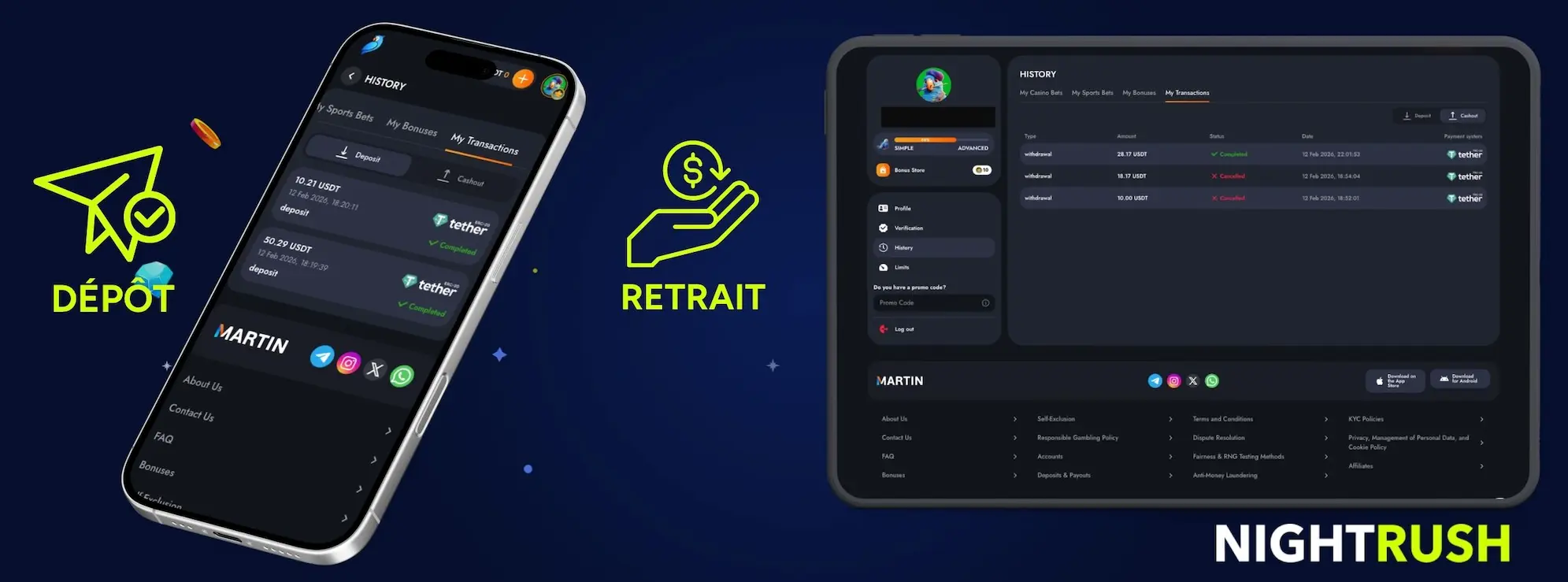 Smartphone et tablette affichant l'historique des transactions de dépôt et de retrait pour Martin Casino.