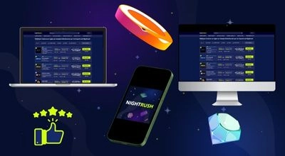 Aperçu du site Nightrush affiché sur ordinateur, laptop et mobile avec éléments graphiques de casino.