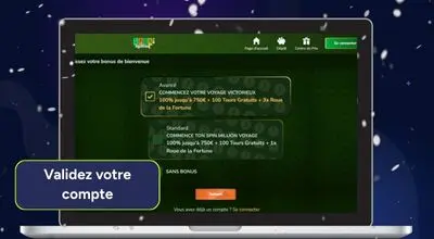 Écran de validation du compte Spin Million affichant les options de bonus de bienvenue