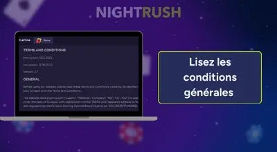 Écran d’ordinateur affichant les conditions générales de NightRush, avec un encadré indiquant « Lisez les conditions générales ».