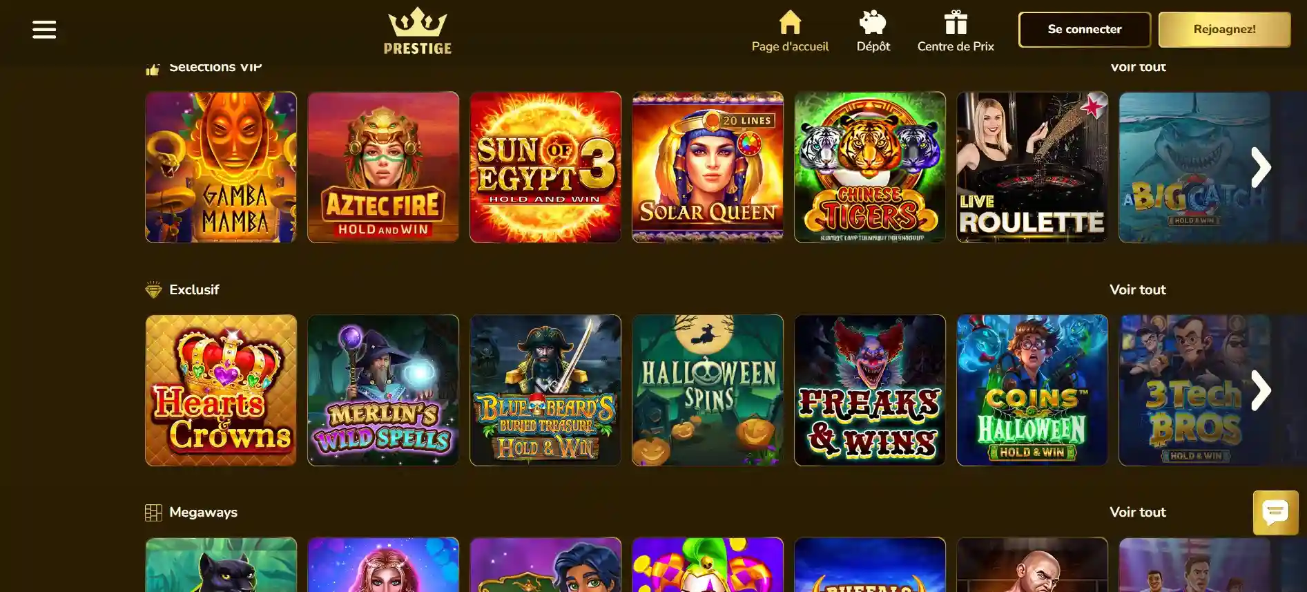Aperçu des catégories de jeux et des machines à sous exclusives sur Prestige Casino.