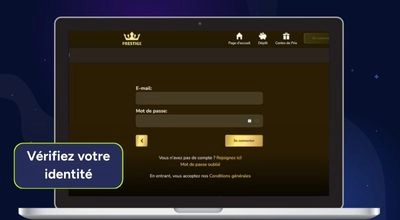 Écran de connexion de Prestige Casino invitant les joueurs à saisir leur courriel et leur mot de passe.