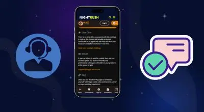 Interface mobile de NightRush montrant les options du service client, avec des icônes de support et de messagerie.