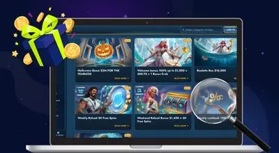 Interface de promotions de casino affichée sur un ordinateur, avec loupe et icône de cadeau.