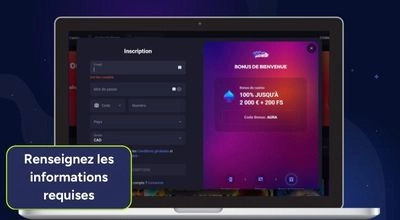 Formulaire d’inscription SpinAura à l’écran, demandant e-mail, mot de passe, téléphone, nationalité et devise.