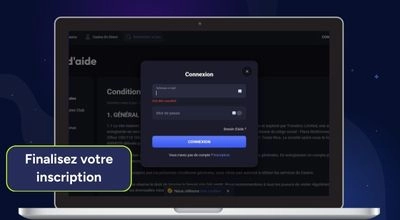 Fenêtre de connexion SpinAura montrant les champs e-mail et mot de passe pour finaliser l’inscription.