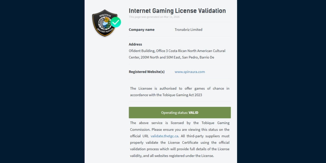 Validation de la licence SpinAura délivrée par la Tobique Gaming Commission pour l’opérateur Tronabriz Limited affichant un statut d’exploitation valide.
