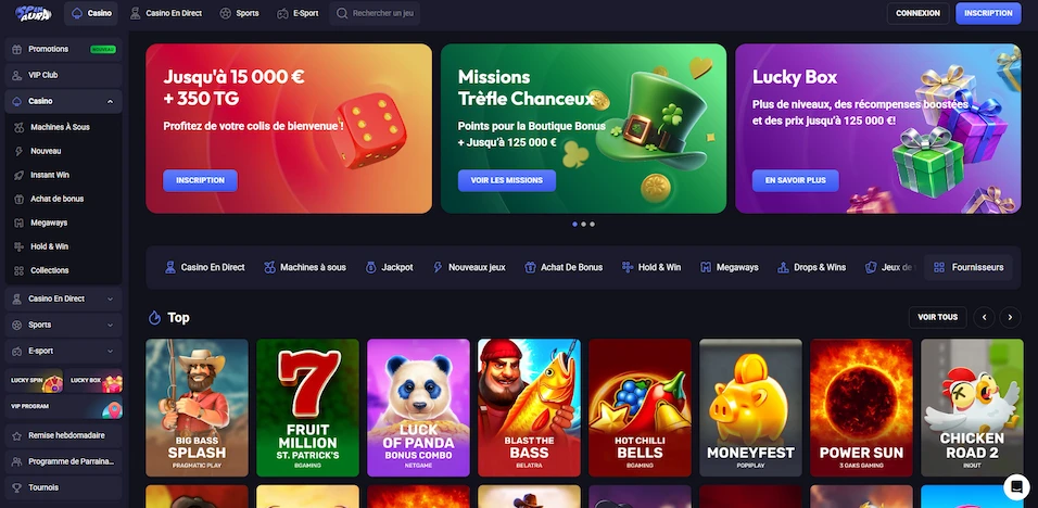 Bannière promotionnelle d'un casino en ligne montrant des symboles de jeux