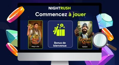 Écran affichant un bonus de bienvenue NightRush avec jeux Play’n Go et NetEnt.