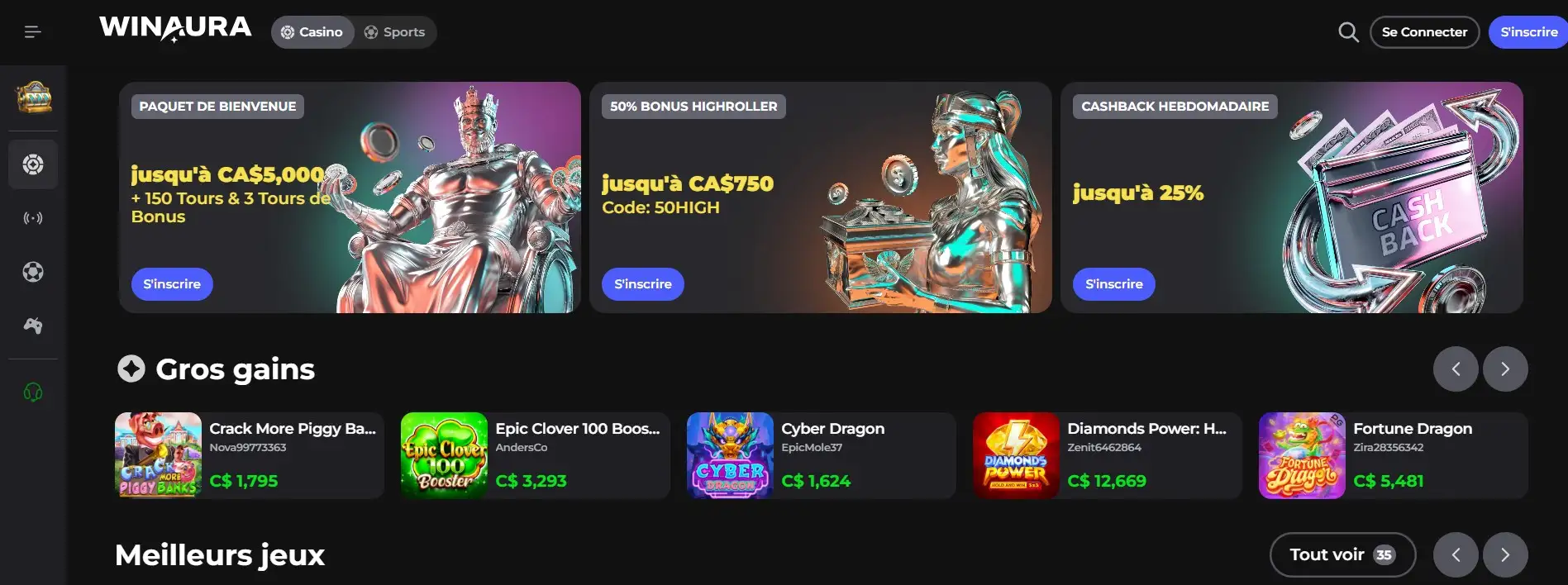 Page d’accueil du casino en ligne Winaura