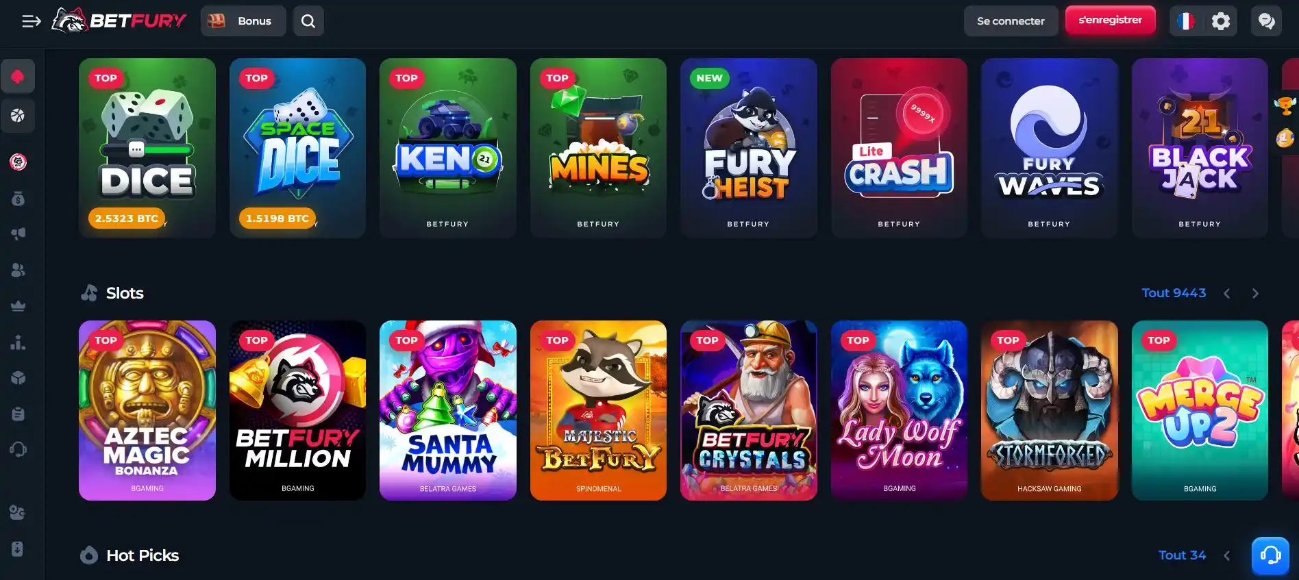 Page des jeux de machine à sous du casino BetFury