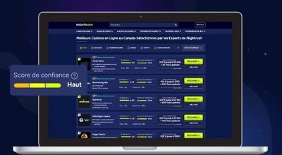 Logo Nightrush, formulaire de connexion/inscription du casino, téléphone intelligent affichant le forfait de bienvenue et bouton « Obtenez-le maintenant ».