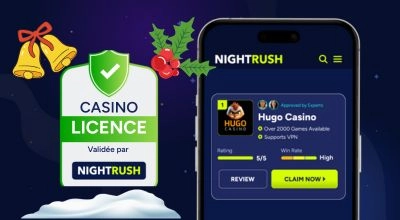 Badge de licence casino validée par Nightrush affiché à côté d’un téléphone montrant la fiche du casino Hugo.