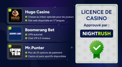 Liste de casinos en ligne recommandés avec leurs avantages, accompagnée d’un badge de licence « Approuvé par Nightrush ».