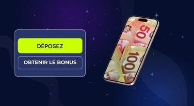 Un téléphone mobile affiche de l’argent canadien, avec un bouton Dépôt et la mention Bonus de bienvenue à côté.