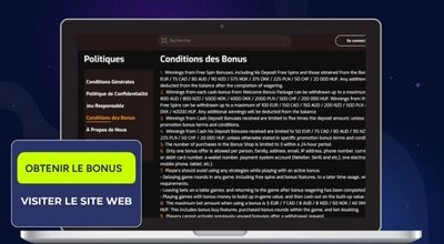 Ordinateur portable affichant une page « CONDITIONS DU BONUS », et les boutons « Obtenir le bonus » et « Visiter le site ».