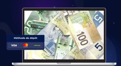 Ordinateur portable affichant une fenêtre contextuelle « Méthodes de dépôt », avec en arrière-plan des billets canadiens et des pièces d’or flottantes.