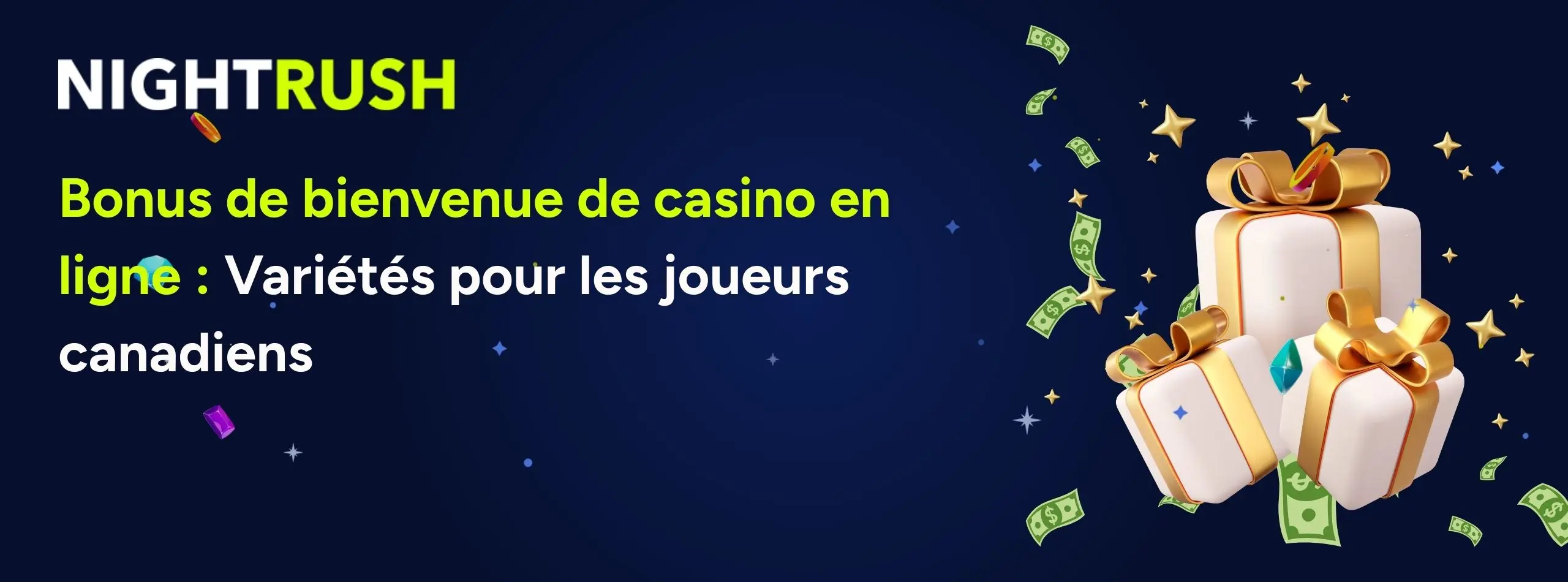Une bannière bleue avec le titre Bonus de bienvenue de casino en ligne : Variétés pour les joueurs canadiens.