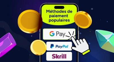 Smartphone affichant Google Pay, PayPal et Skrill entouré de pièces et gemmes.