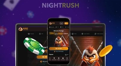 Interface mobile et desktop du casino Hugo avec la mascotte et l’offre de bienvenue.