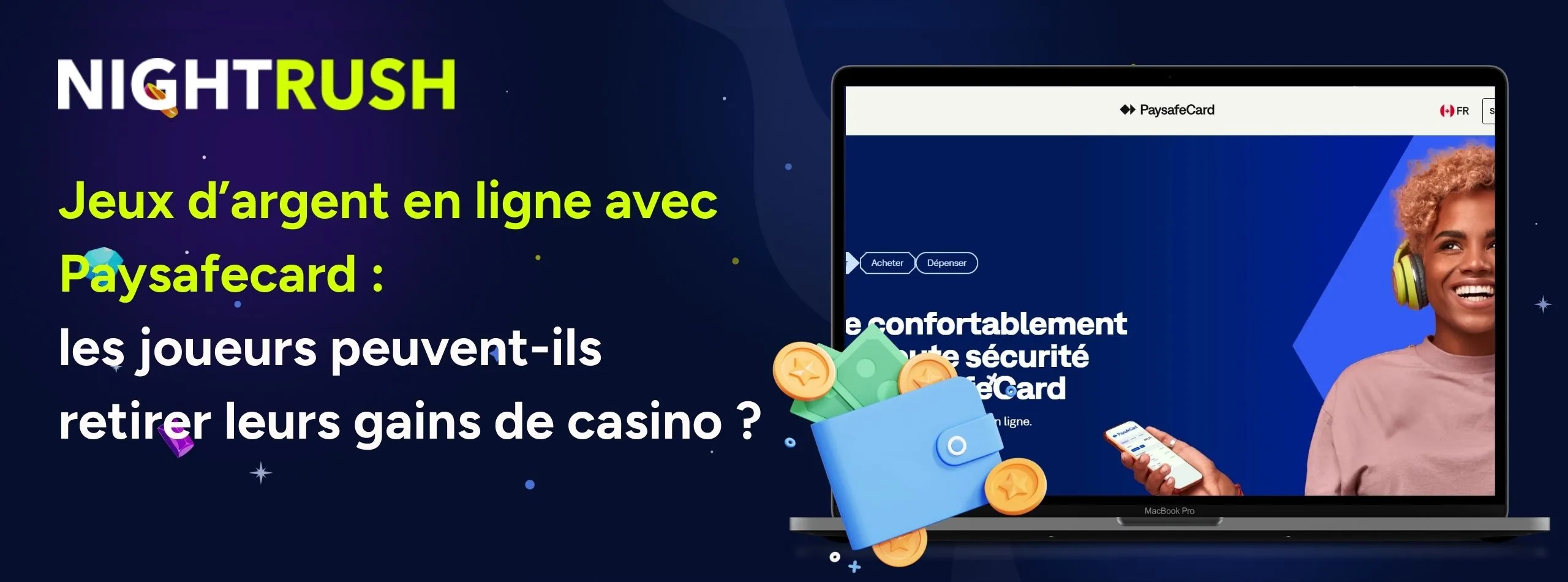 Une bannière avec un ordinateur, le texte Jouer en ligne avec PaysafeCard, et la question Les joueurs peuvent-ils retirer leurs gains de casino ?