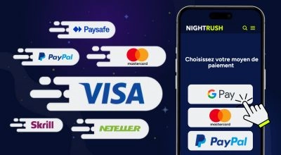 Moyens de paiement en ligne incluant Visa, Mastercard, PayPal, Skrill, Neteller et Google Pay sur Nightrush.