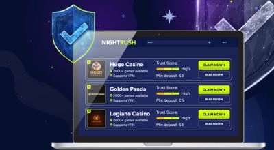 Tableau comparatif de casinos en ligne évalués par Nightrush, mettant en avant la sécurité des joueurs, le score de confiance et les dépôts minimums.