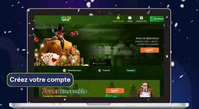 Page d’accueil d’un casino en ligne avec bouton “Créez votre compte” et interface festive
