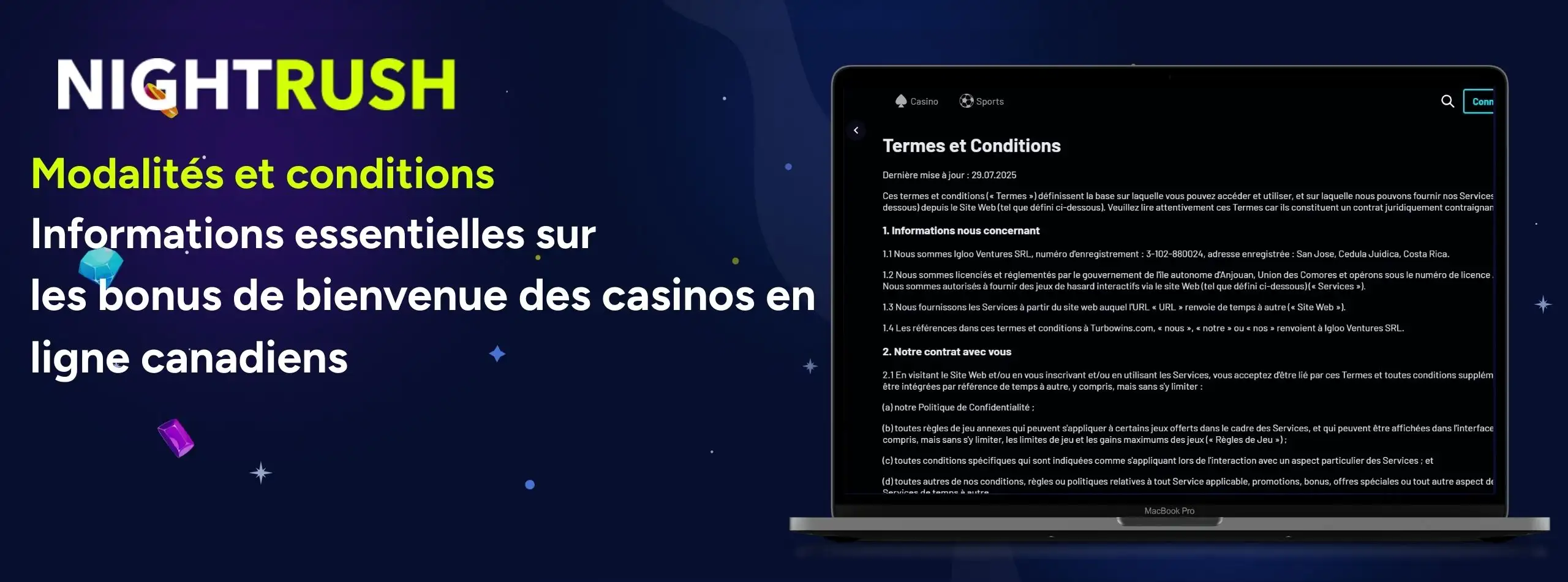Un visuel de Nightrush intitulé Termes et conditions : Informations clés sur les bonus de bienvenue dans les casinos en ligne canadiens, à côté d’un drapeau du Canada.