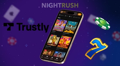 Un téléphone cellulaire affiche une sélection de jeux de casino avec les logos Nightrush et Trustly.