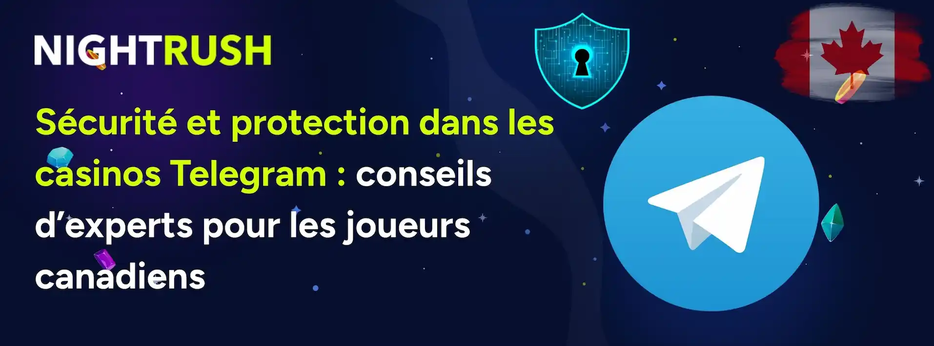 Une bannière avec un drapeau canadien, le texte Sécurité et protection dans les casinos Telegram, ainsi que des conseils d’experts pour les joueurs canadiens.