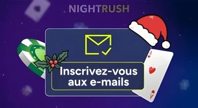 Bannière Nightrush invitant les joueurs à s’inscrire aux e-mails, décorée d’éléments de Noël.