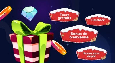 Cadeau de Noël ouvert révélant différents types de bonus : tours gratuits, cashback, bonus de bienvenue et bonus sans dépôt.
