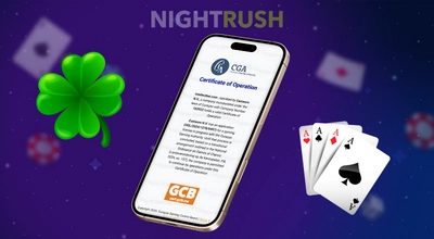 Un écran de téléphone mobile affiche un Certificat d’Opération délivré par le Curaçao Gaming Control Board.