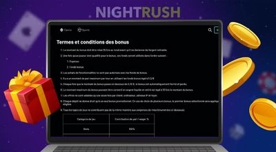 Page Nightrush présentant les termes et conditions des bonus de casino sur écran d’ordinateur