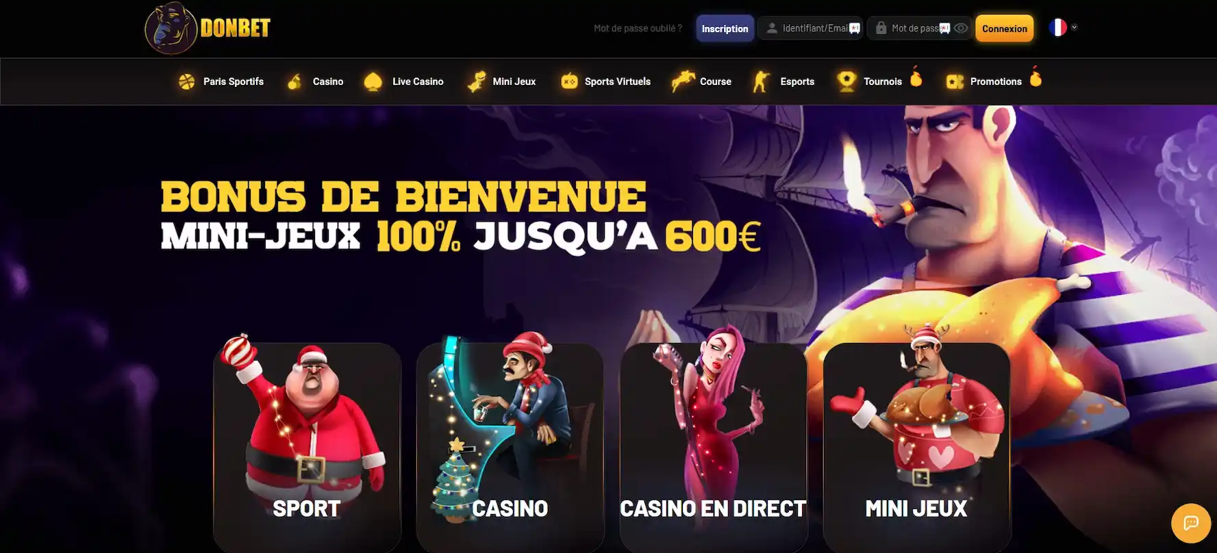 Page promotionnelle Donbet mettant en avant le bonus de bienvenue mini-jeux 100 % jusqu’à 600 €.