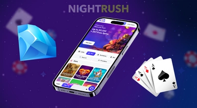 Un téléphone intelligent affichant un lobby de casino avec un gros diamant bleu et un éventail de cartes à jouer.