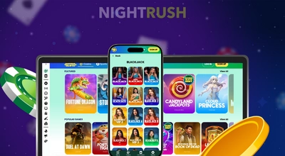 Un ordinateur et un téléphone intelligent affichant le lobby d’un jeu de casino, avec un jeton de poker et une pièce d’or.