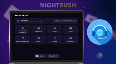 Un écran d’ordinateur portable affichant le centre d’aide d’un casino avec différentes options de soutien et une icône de clavardage en direct.