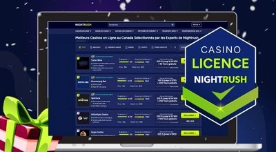 Comparatif des meilleurs casinos en ligne au Canada affiché sur un ordinateur, avec un badge “Casino Licence Nightrush”.