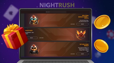 Un ordinateur portable affiche un site web avec des bonus de casino, une boîte cadeau et des pièces d’or.