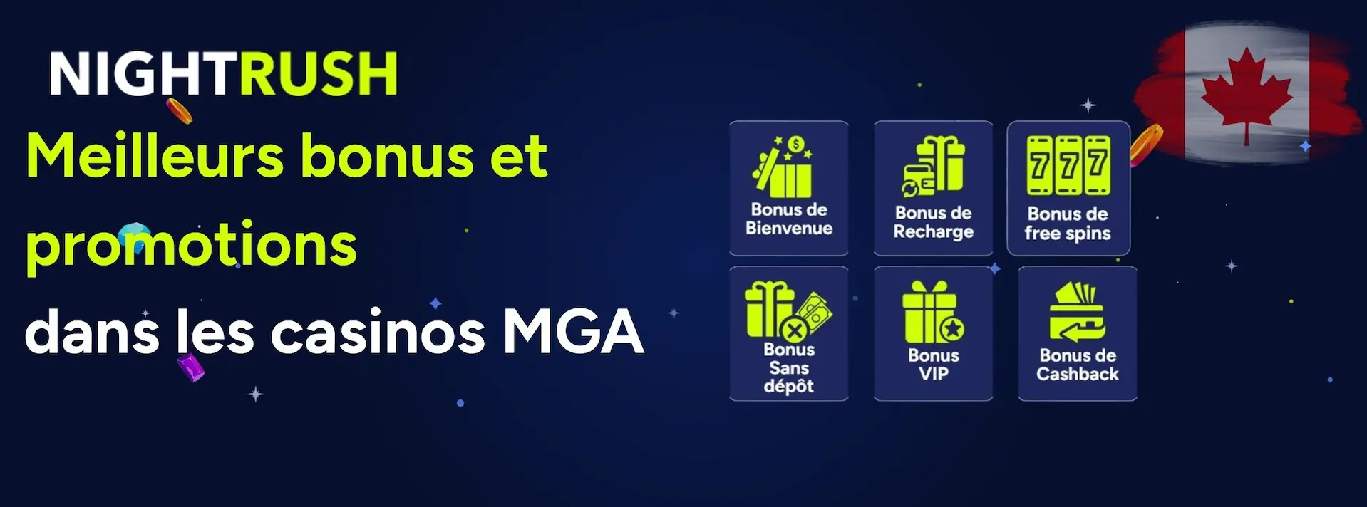 Bannière affichant le texte Meilleurs bonus et promotions dans les casinos MGA.