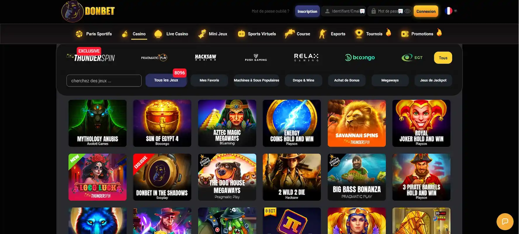 Interface du casino Donbet avec la sélection de machines à sous populaires et jeux exclusifs ThunderSpin.